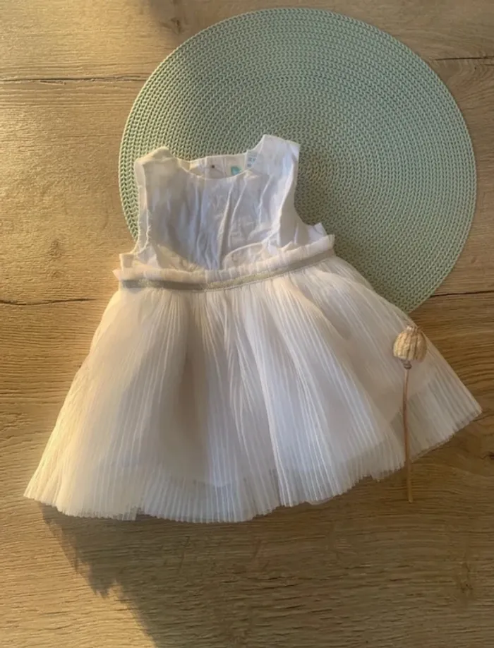 Robe blanche chic bi-matiere baptême / mariage / cérémonie - 6 mois - obaibi