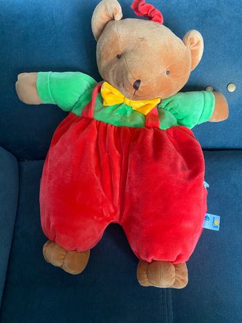 Ancien Doudou Range Pyjama Baby Sun. Ours Rouge Vert Jaune.