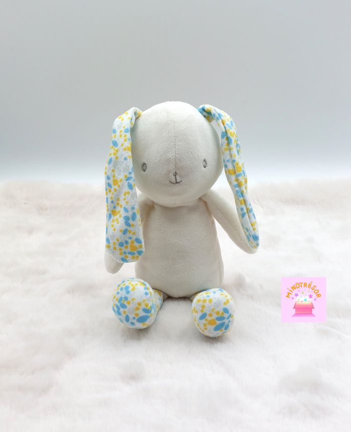 Peluche doudou lapin corps crème écru bébé Klorane fleurs jaune bleu 24 cm TTBE