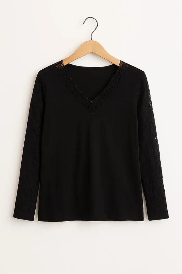 T-shirt noir femme Shein – Dentelle chic & confort 🌸 Taille L