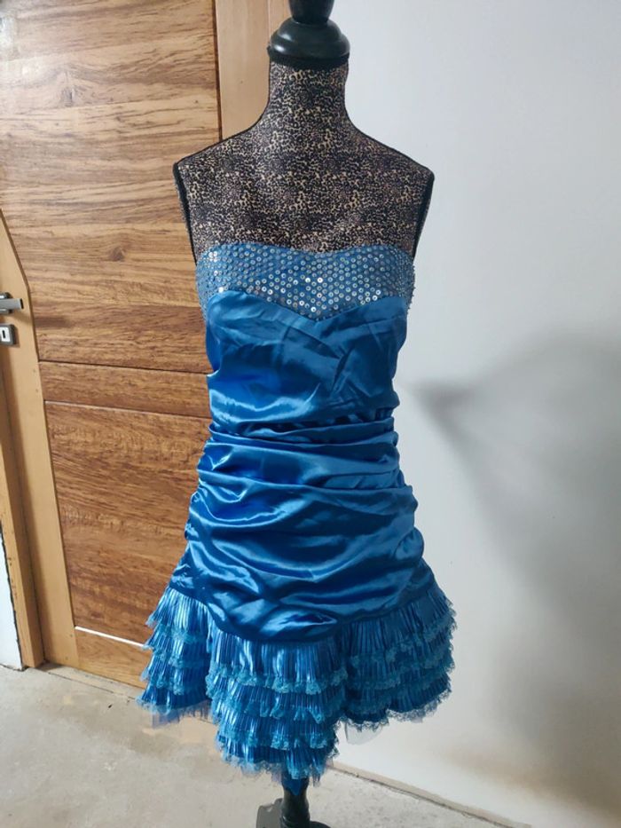 Robe bustier drapée bleue vintage à sequins