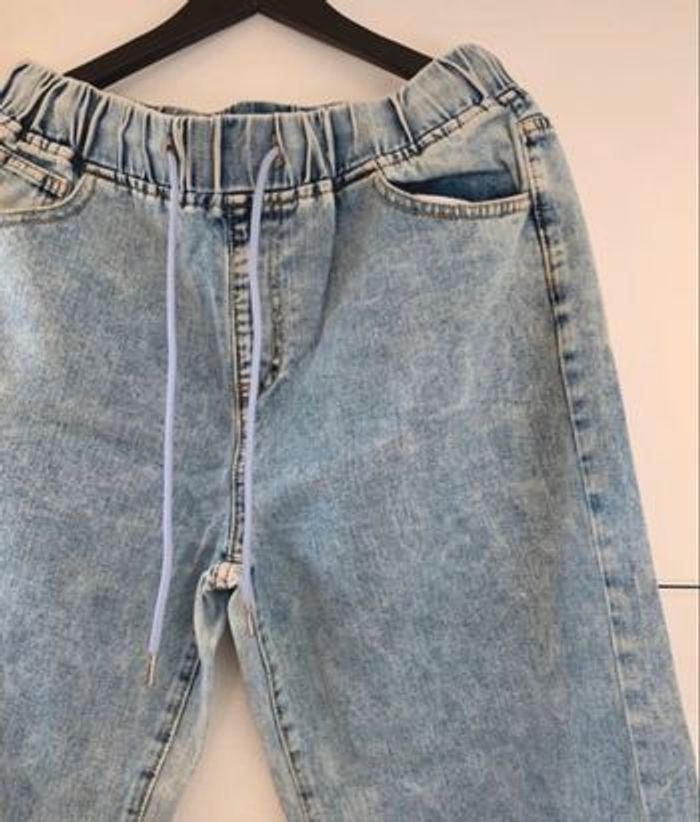 Jeans femme jambes larges évasées ceinture élastique #délavé #grunge #destroy - photo numéro 3