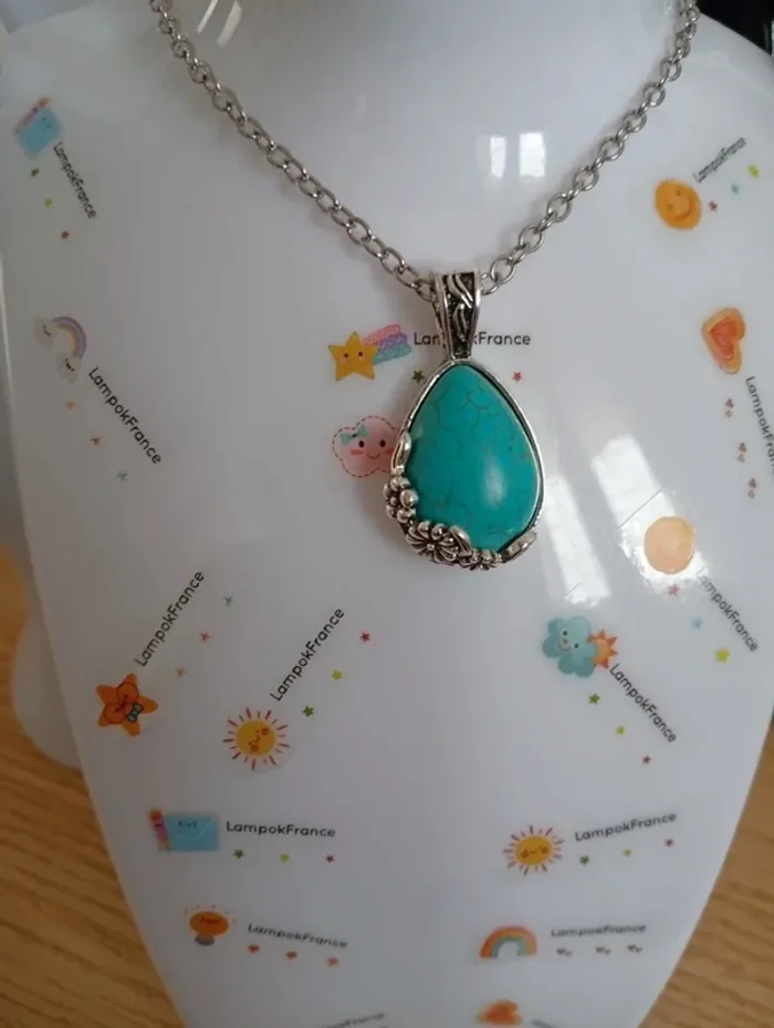 Collier en acier inoxydable avec sa pierre en cristal turquoise naturelle forme goutte d'eau - photo numéro 2