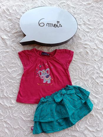 Ensemble (tee shirt manches courtes+jupe avec culotte assortie) Fille 6 mois Éléphant été indien