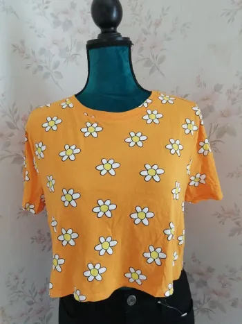 Tee-shirt crop top orange motifs fleurs / terranova / (M)