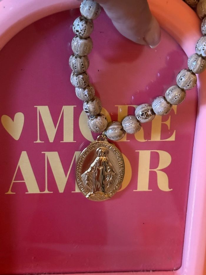 Collier réglable boules bois acier inoxydable or médaille xl vierge marie - photo numéro 3