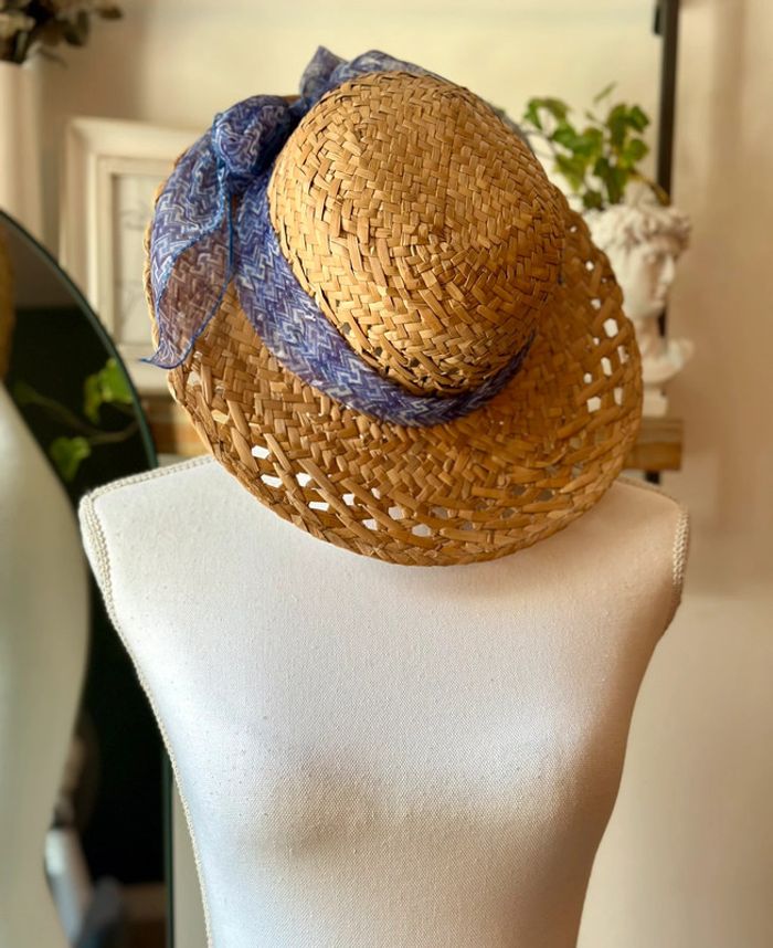 Chapeau en paille ruban imprimé bleu modèle vintage fabriqué en Italie T.U - photo numéro 8