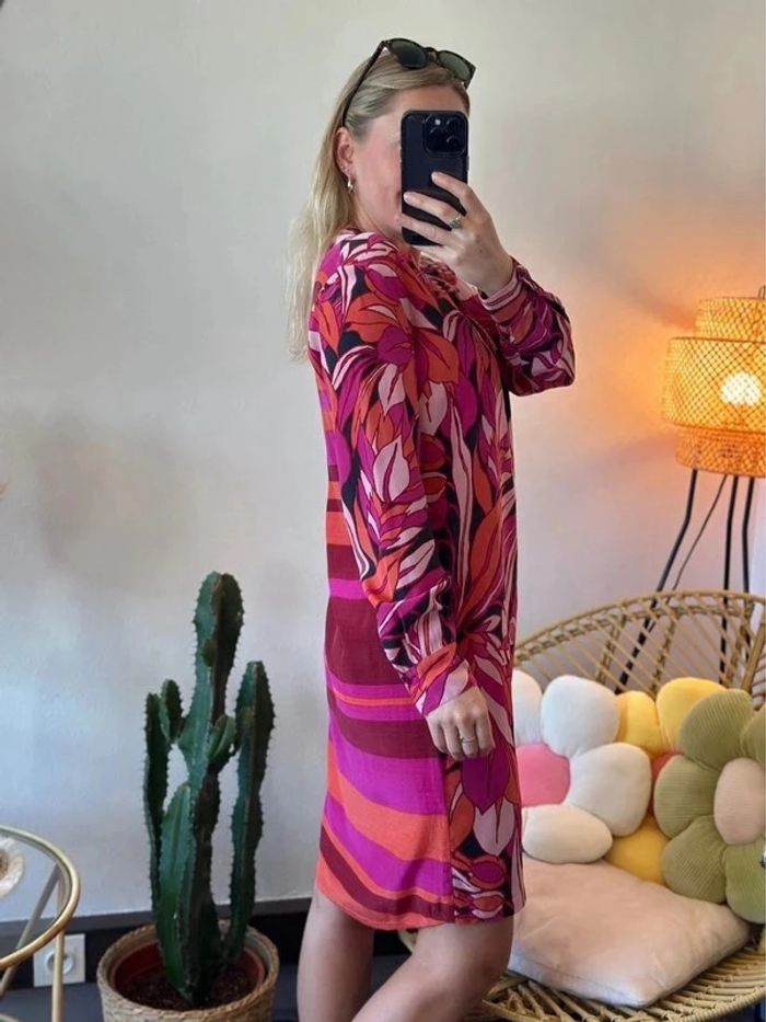 Robe à motifs fleuris rose et rouge, 100% soie, taille 36/38 - Antik Batik - photo numéro 6