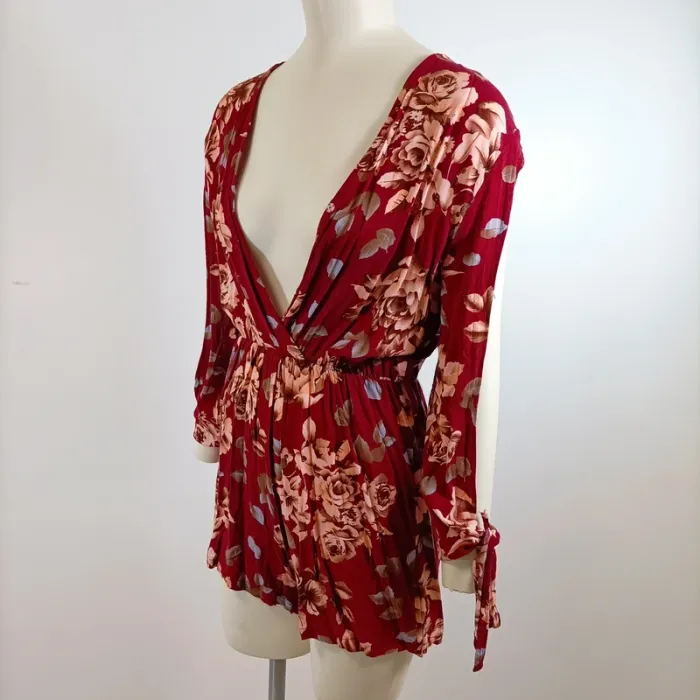 Combishort rouge fleuri décolleté cache-cœur taille XL manches longues nouées A1561 - photo numéro 7