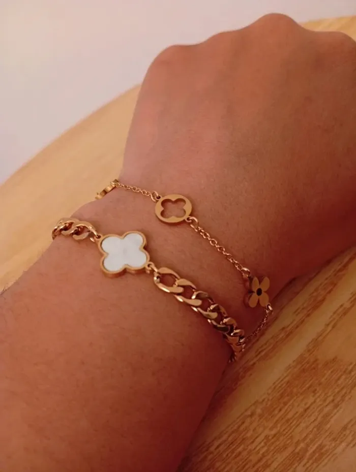 Solde 💝 Double bracelets chaine doré trèfle quatre coeurs bohème tendance fleur onyx opaline