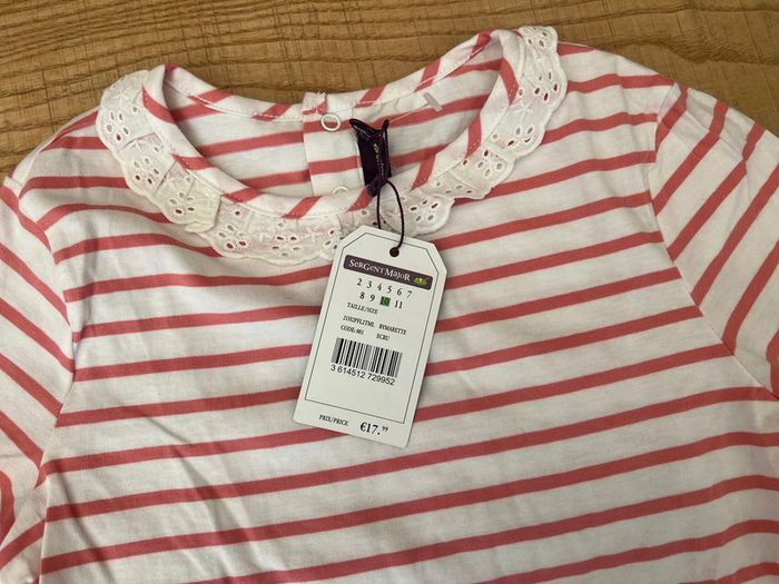 T-shirt sergent major taille 9 ans neuf avec étiquette col Claudine marinière lapins rose blanc - photo numéro 2