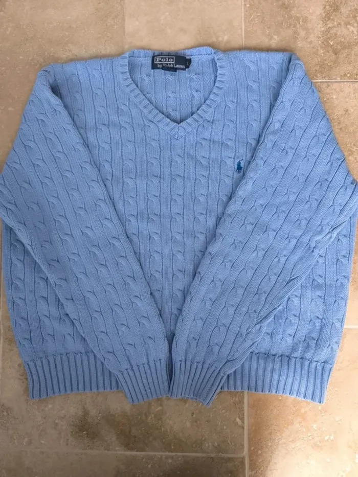 Pull col V torsadé Ralph Lauren L bleu logo marine excellent état - photo numéro 10