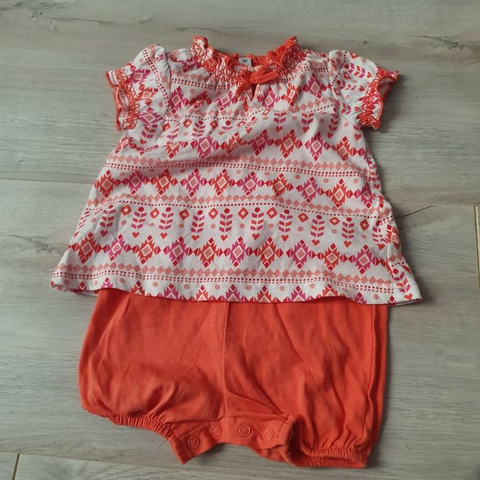 Combi - short 3 mois fille corail et blanc