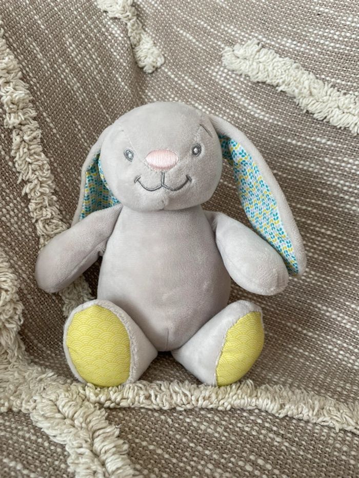 Peluche doudou 21cm Luc et Léa lapin gris et bleu vert très bon état