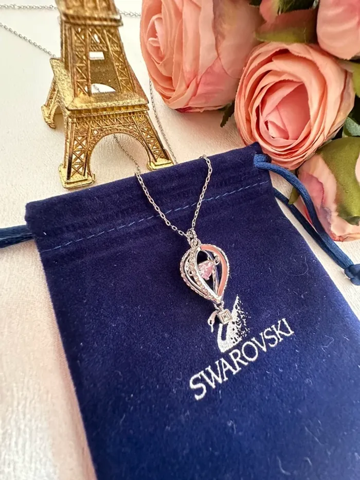 🎈Collier Swarovski montgolfière argenté cœur rose mobile – avec pochon - photo numéro 2