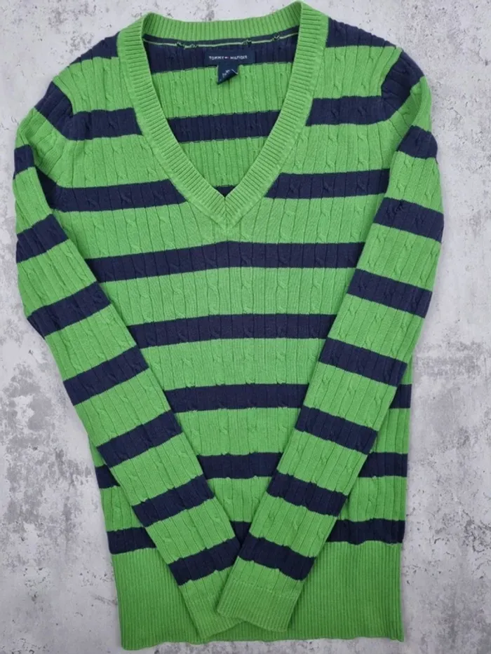 Pull torsadé rayé vert et bleu marine Tommy Hilfiger – Taille XS Femme (mesures en photos) - photo numéro 3