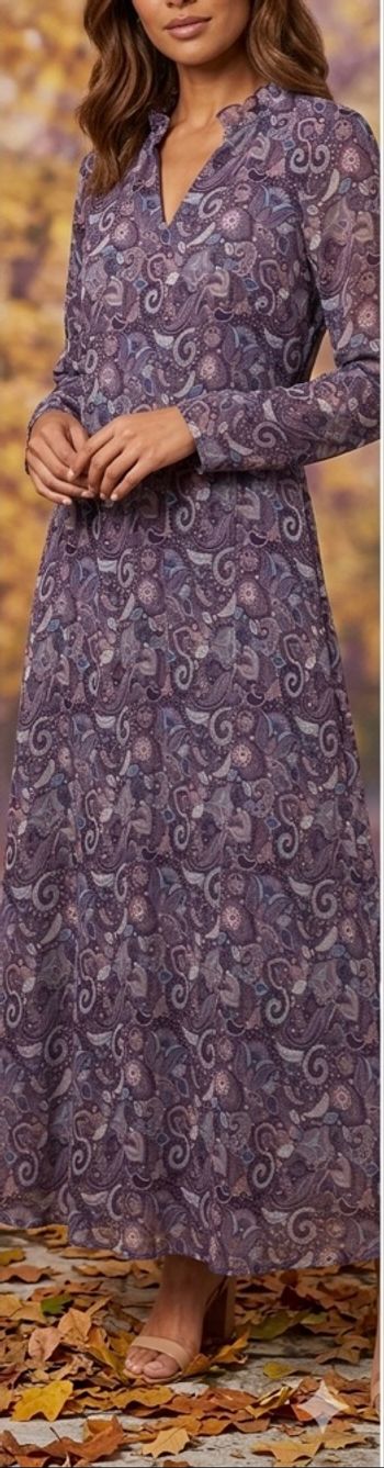 Robe longue femme violette imprimé cachemire manches longues fluide neuve