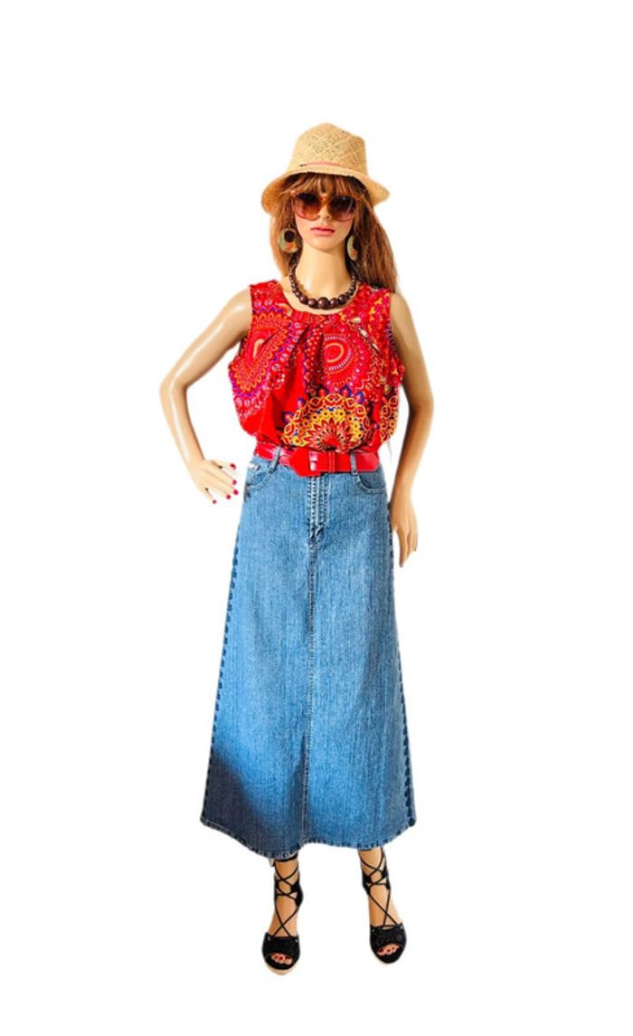 💙🌿Jupe en jean longue brodée bohème vintage 2000 long embroidered denim boho skirt🌿💙 - photo numéro 5