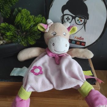 Doudou Peluche Plat Vache Coquillette Rose Beige Blanc Fleur Baby Nat' #geektradedoudou