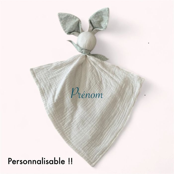 Peluche doudou plat 45cm fait main gaze Gabin le lapin blanc et bleu vert neuf - photo numéro 4