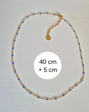 Collier 45 cm dorée en acier inoxydable avec perles bleu 🌸 NEUF 🌸 40 cm + 5