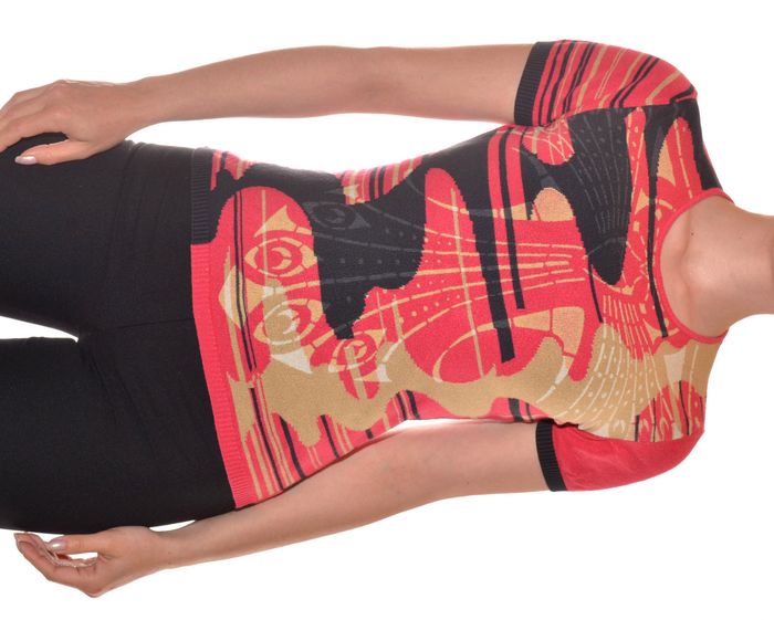 pull fin manches courtes ajusté rouge et noir à motifs taille S col rond