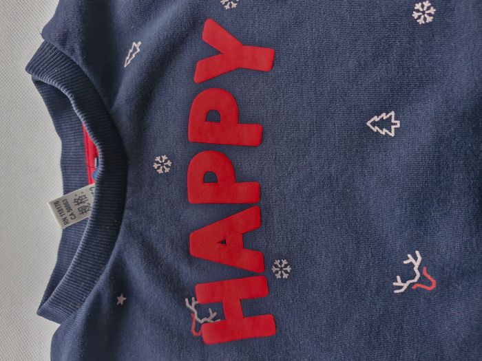 Pull mixte 4 ans Okaïdi Bleu marine inscription rouge happy flocons sapins et bois de rennes - photo numéro 3
