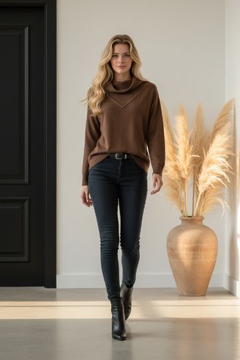 Pull laine marron à capuche intégrée – Symonne de Georges RechÉlégant pull femme en 100% laine, coloris marron chaud. Modèle original avec capuche / cagoule intégrée, apportant à la fois style et confort. Coupe droite, maille fine et douce, idéale pour un