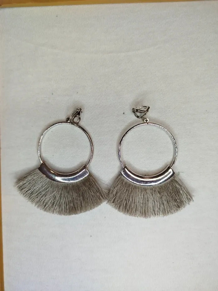 Boucle d'oreilles argent à franges grise - fermoir sans trou - 4 cm de diam