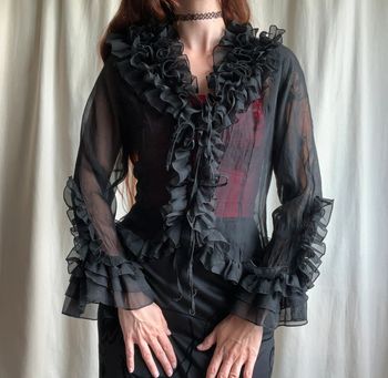 Blouse à nouer transparente col froufrou Vampire Goth vintage 90s - Taille S/M/L