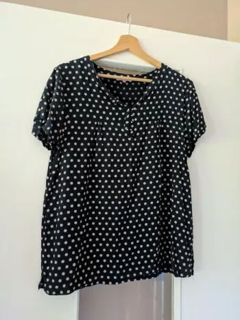 Magnifique haut blouse femme bleu marine à pois beiges Kalisson taille M