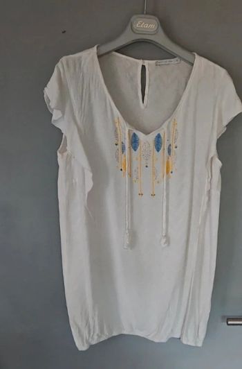 Blouse blanche imprimée plumes bleu et jaune- taille 42