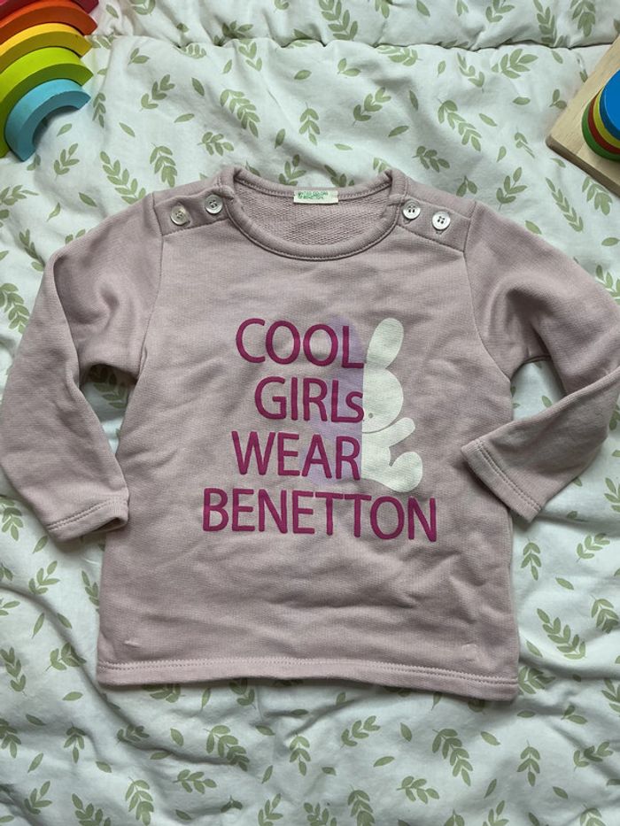 sweat rose benetton inscription devant 9/12 mois - photo numéro 3