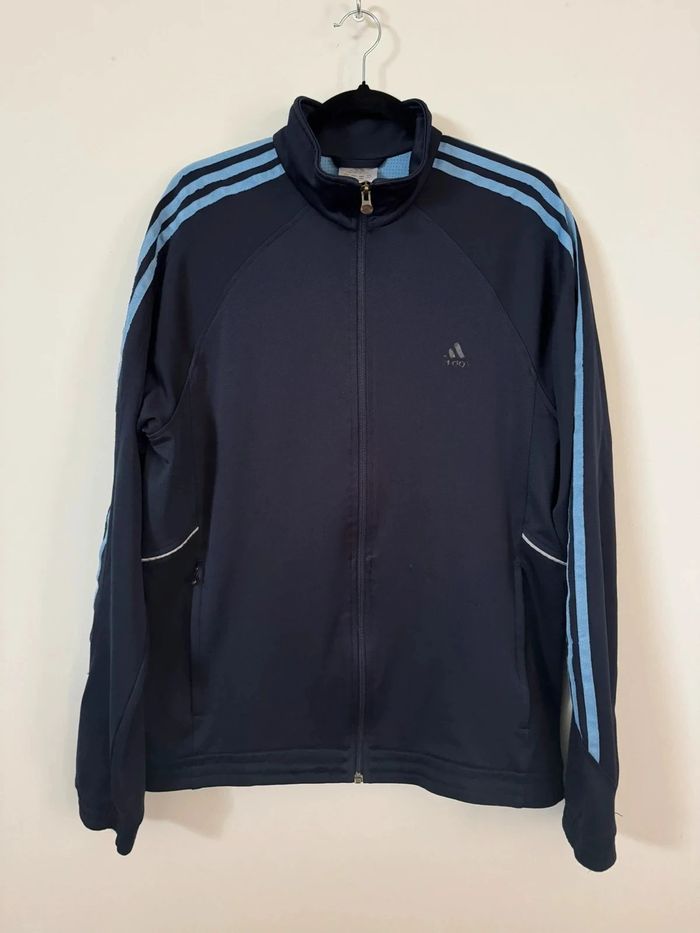 🧥 Veste Adidas bleu marine à rayures bleu ciel (taille L)