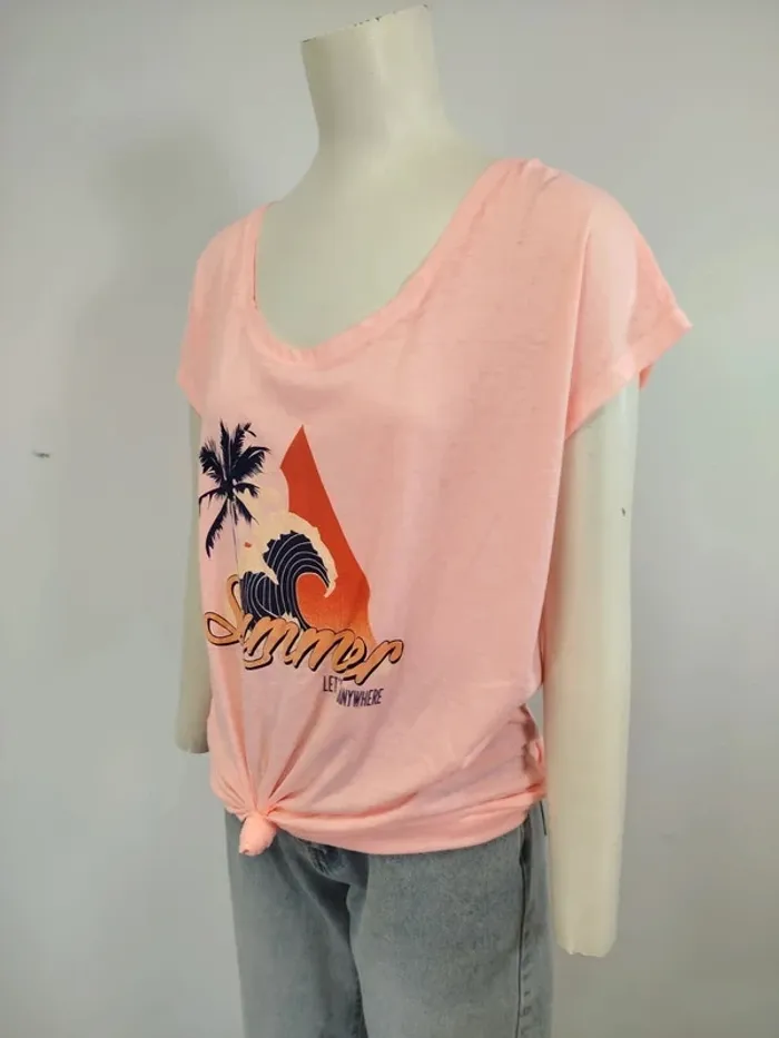 T-shirt rose corail clair - summer, palmier, nouer en bas taille L (A996) - photo numéro 2