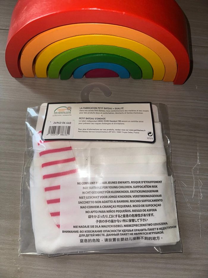 Doudou Petit Bateau Lapin Blanc rayé plat 100% coton - photo numéro 2