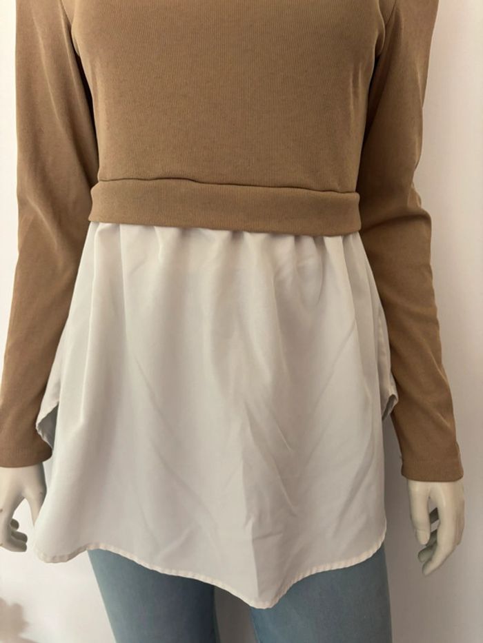 🌺T-shirt/ Blouse marron et blanc manche longue style 2 en 1 Taille L/40🌺 - photo numéro 4