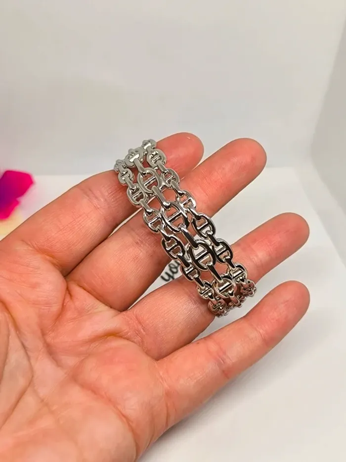 Bracelet manchette argentée maille marine triple rang - photo numéro 4