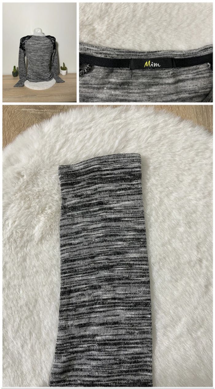 T-shirt manches longues gris chiné à épaules en dentelle noire Mim - photo numéro 2