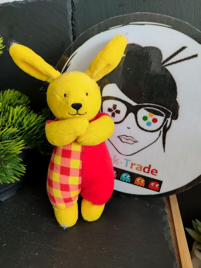 Doudou lapin rouge jaune berchet grelot hochet carreaux ancien Peluche DD003115
