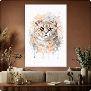 Affiche artistique “Chat Scottish Fold” aquarelle décoration murale A3 Sans cadre