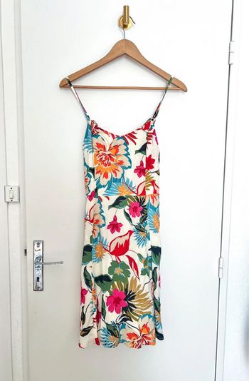 Robe d’été tropicale Etam XS doublée et nouée dans le dos