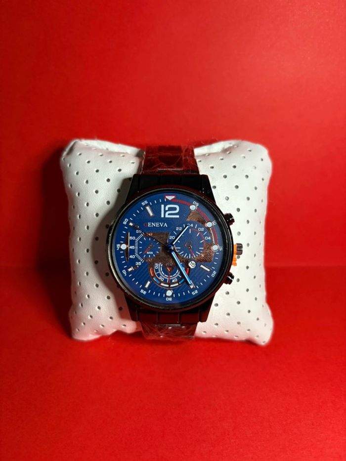 montre Geneva noir, cadran bleu à quartz pour hommes avec date - photo numéro 2