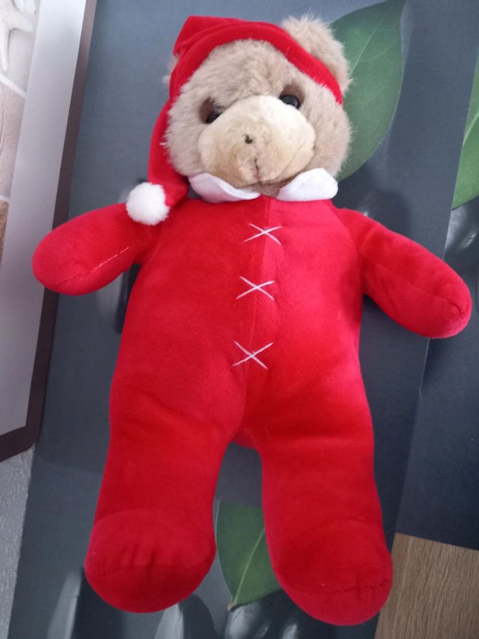 Peluche vintage ours damart rouge avec son bonnet 37cm - photo numéro 2