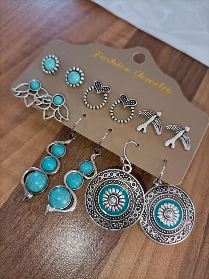 Lot 6 paires de boucles d'oreilles argent et turquoises neuves - photo numéro 3