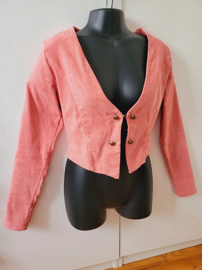 Veste coquette vintage taille XS 34 rose velours col V - photo numéro 3