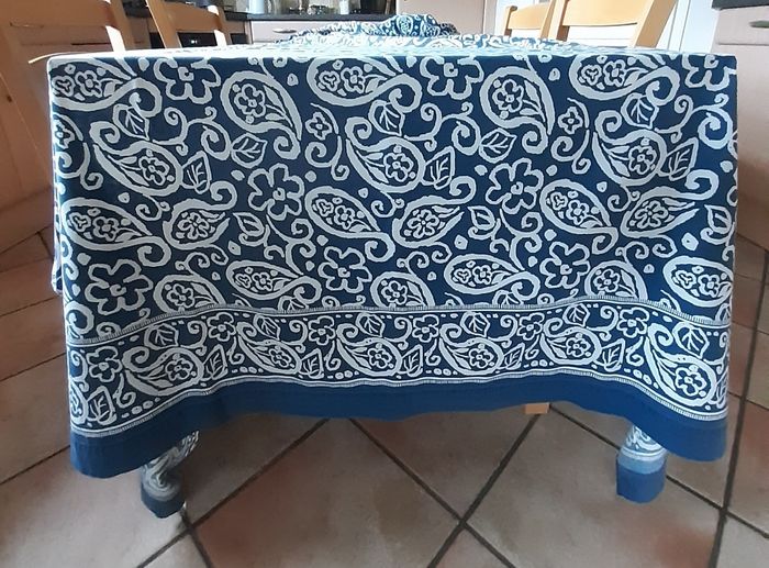 Vintage tissu bleu pétrole et blanc à motif - photo numéro 5