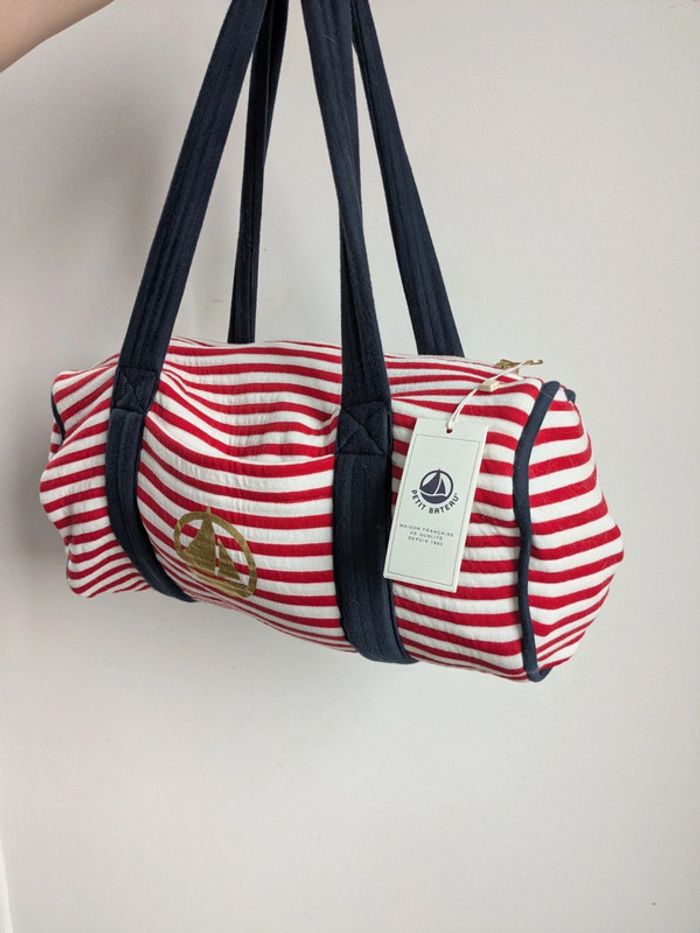 Sac rayé rouge et blanc anses bleu petit bateau - photo numéro 2