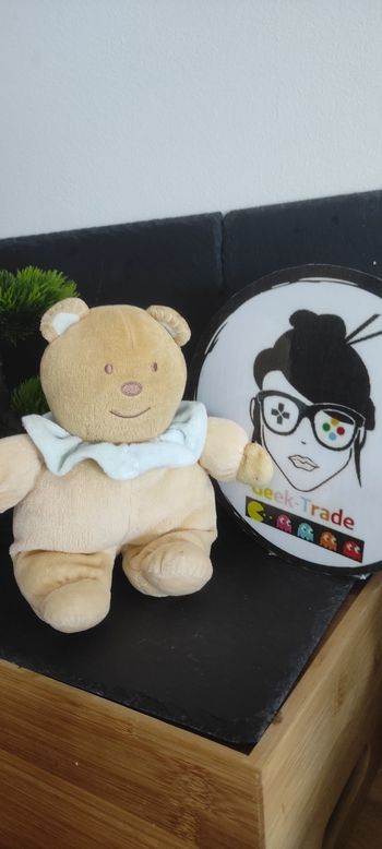 Doudou ours orange saumon col bleu marron tex ancien grelot hochet peluche