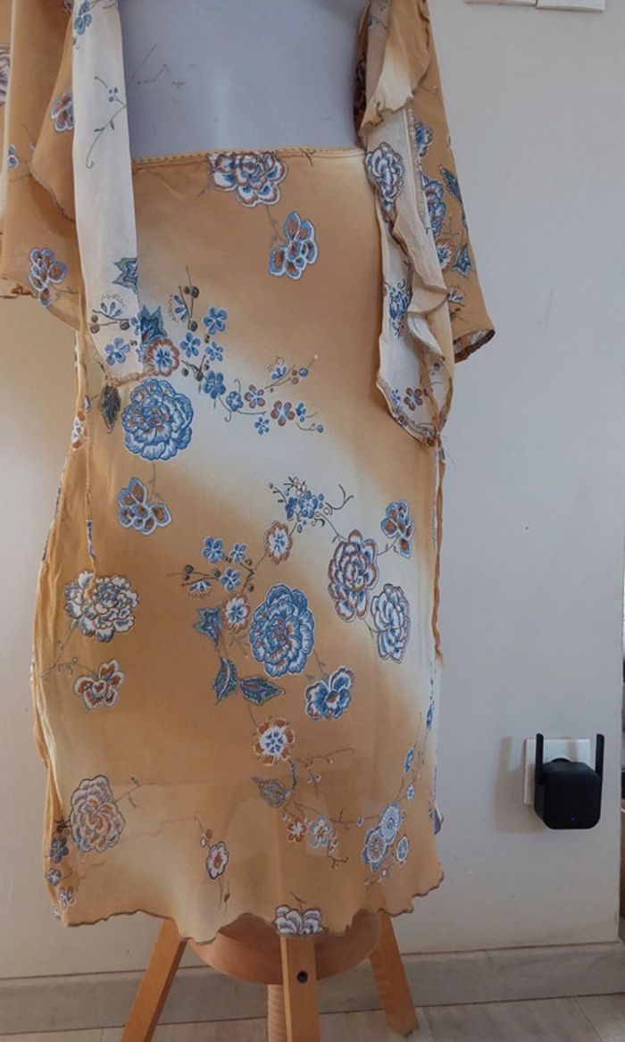 Superbe ensemble fluide Vintage beige bleu jupe et veste boléro T38 - photo numéro 7